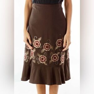 Ann Taylor Loft Brown Flounce Skirt Embroidered Flowers Size 6